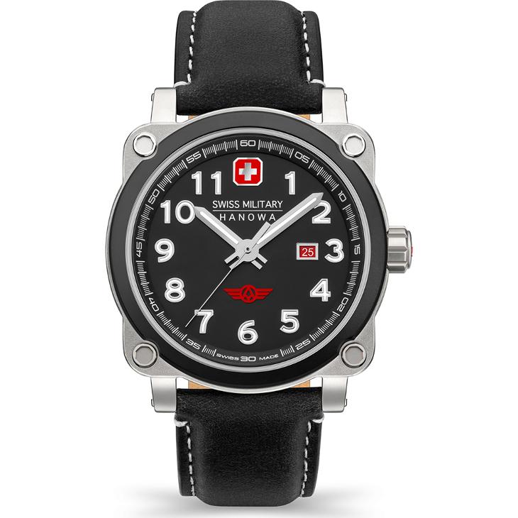 SWISS MILITARY WATCH SS/IPBLACK 3HANDS DATE BLACK DIAL BLACK LEA STRAP SMWGB2101302